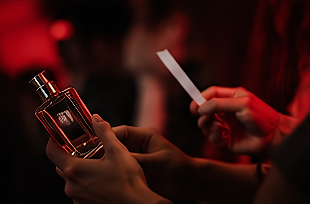Hands holding a bottle and a scent strip in red light