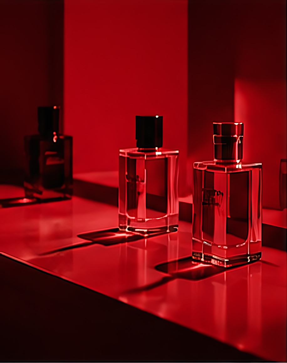 Perfume bottles on a red shelf
