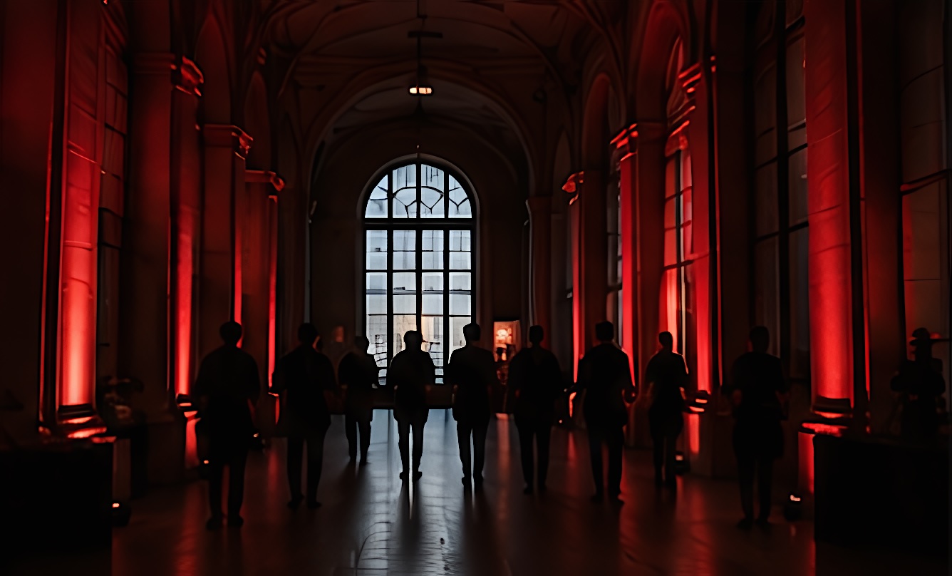 Un couloir voûté éclairé de rouge