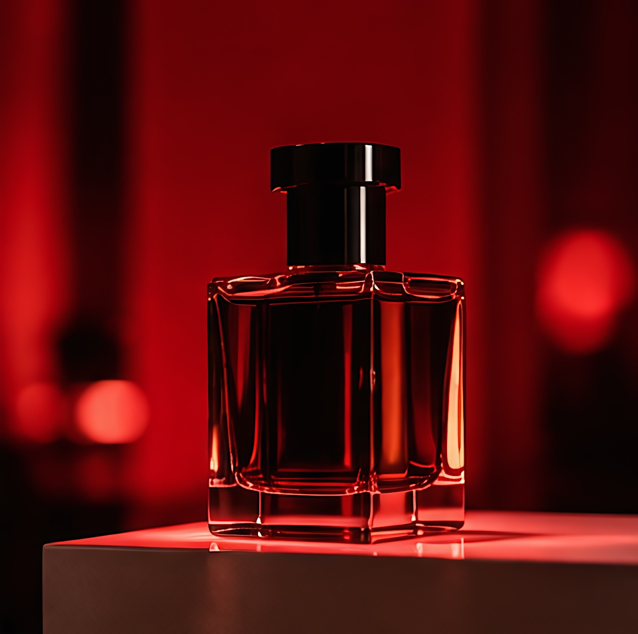 Un flacon sur un socle lumineux, fond rouge