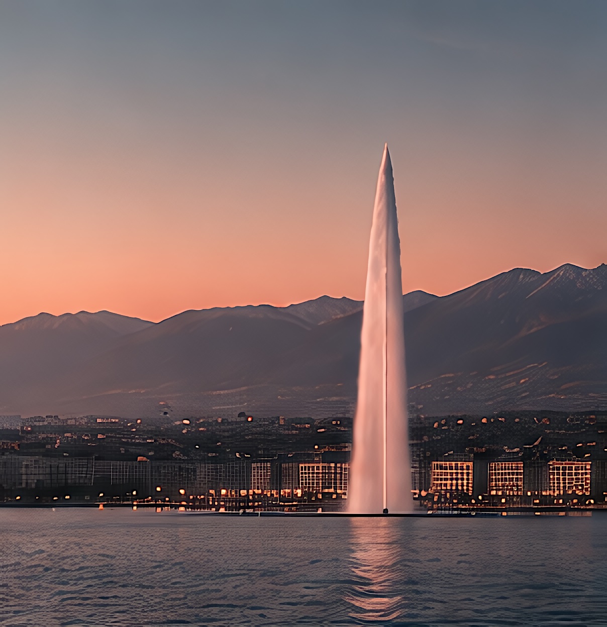 Le jet d'eau de Genève au crépuscule