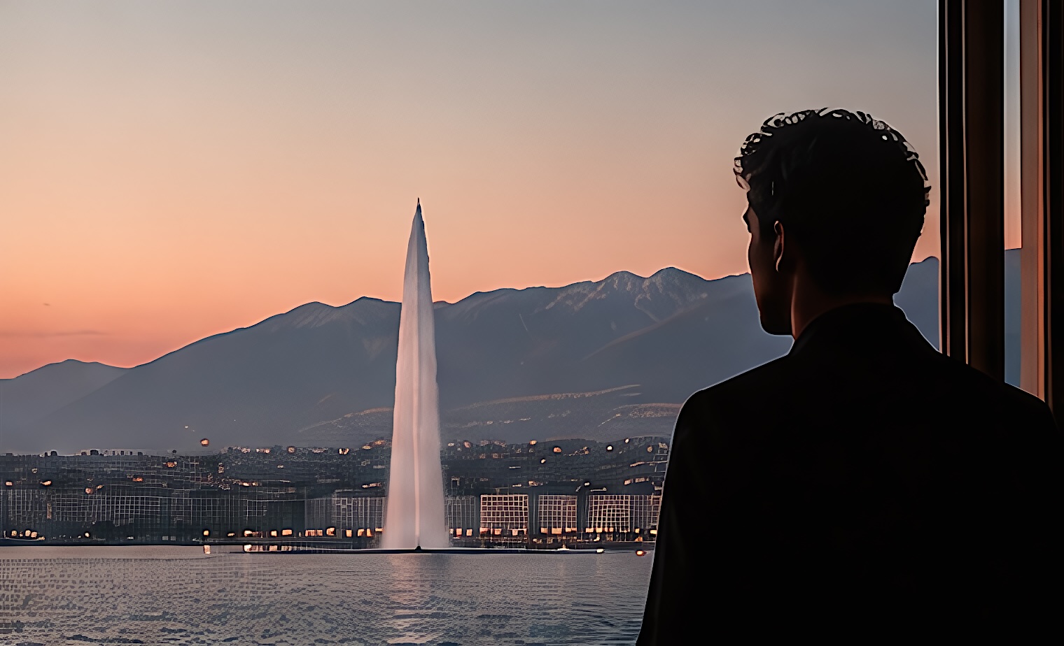 Le jet d'eau de Genève vu depuis une fenêtre, une silhouette au premier plan