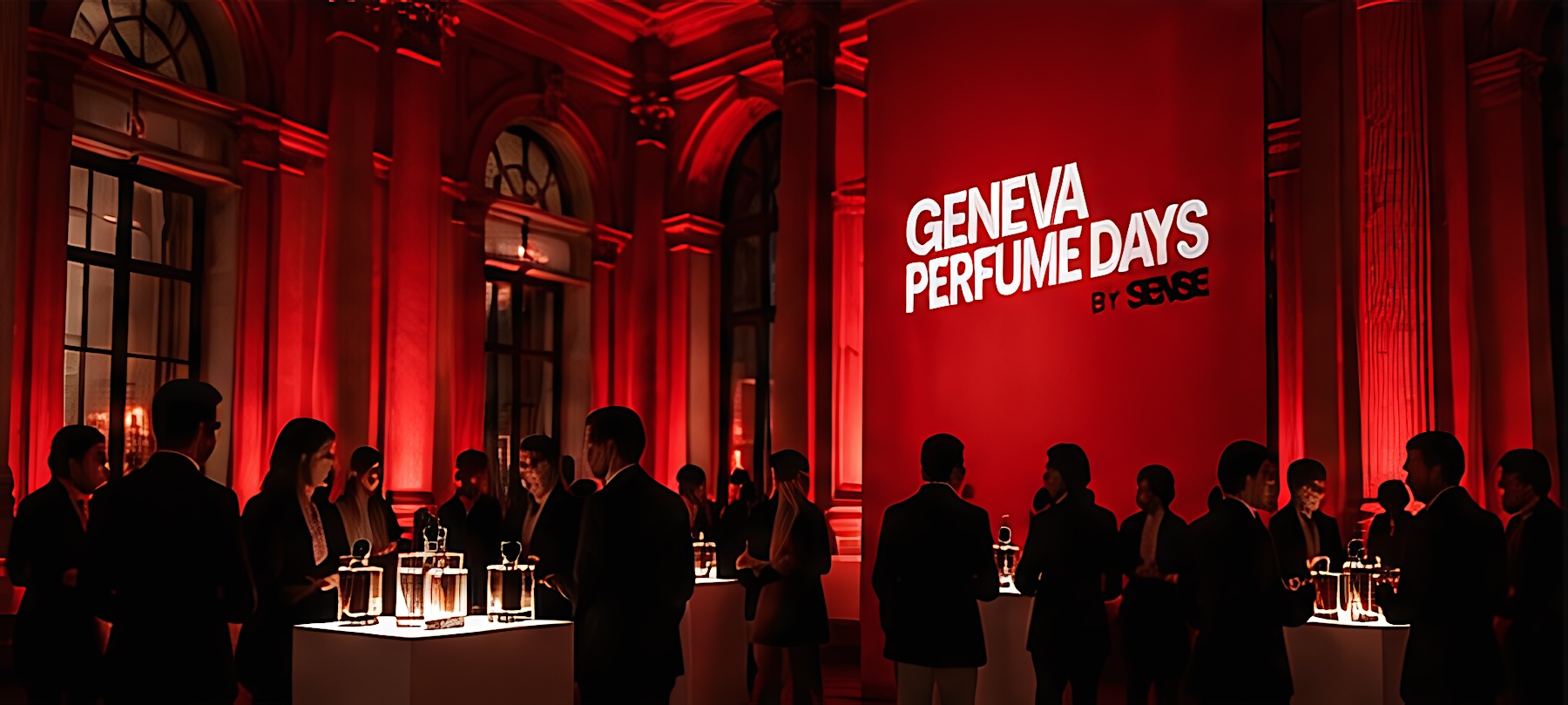 Une salle habillée de rouge avec la bannière Geneva Perfume Days