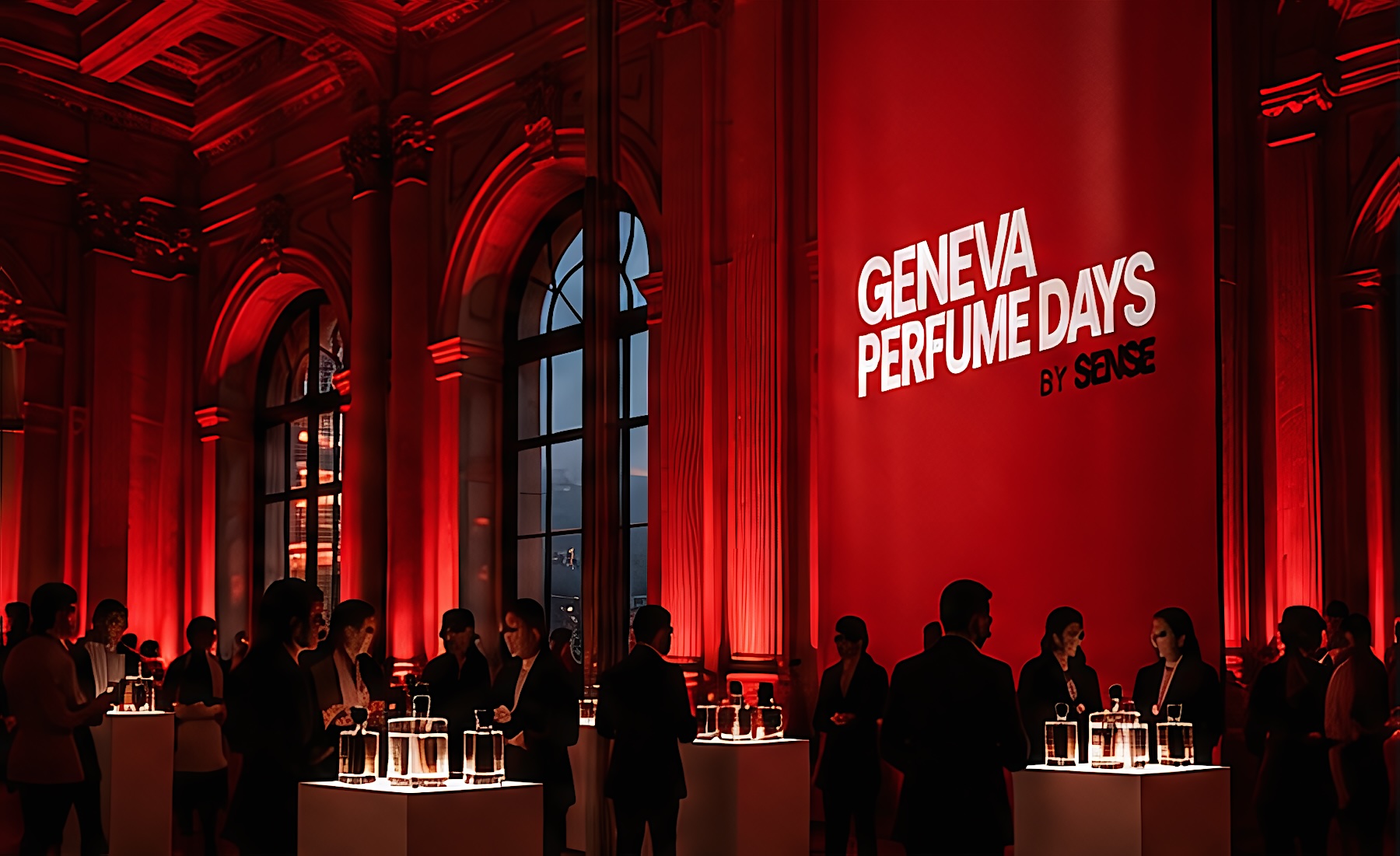 Une salle patrimoniale éclairée de rouge, bannière Geneva Perfume Days et visiteurs autour des socles